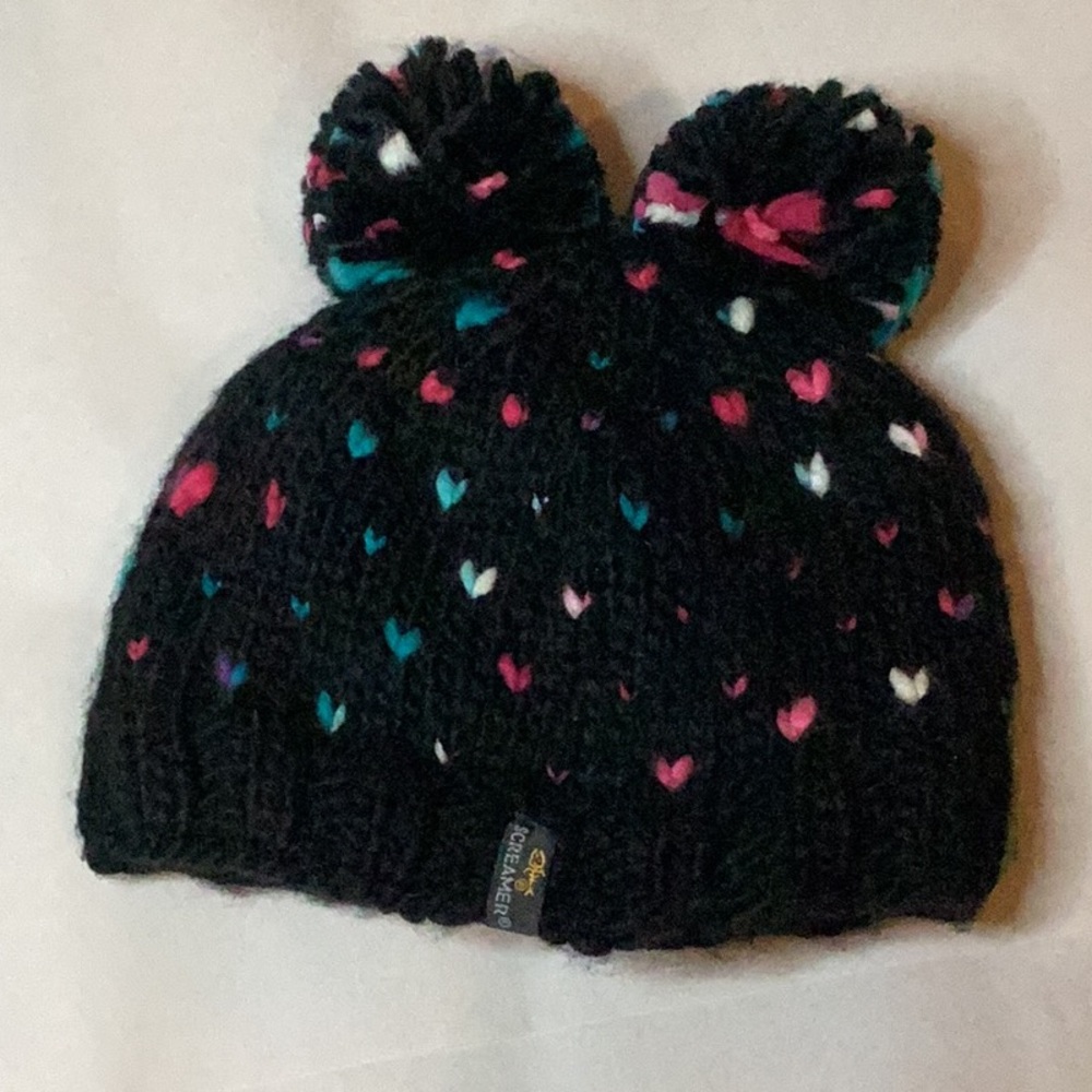 Screamer GIRLS double Pom Pom black beanie pink blue white hearts Susie hat OSFM